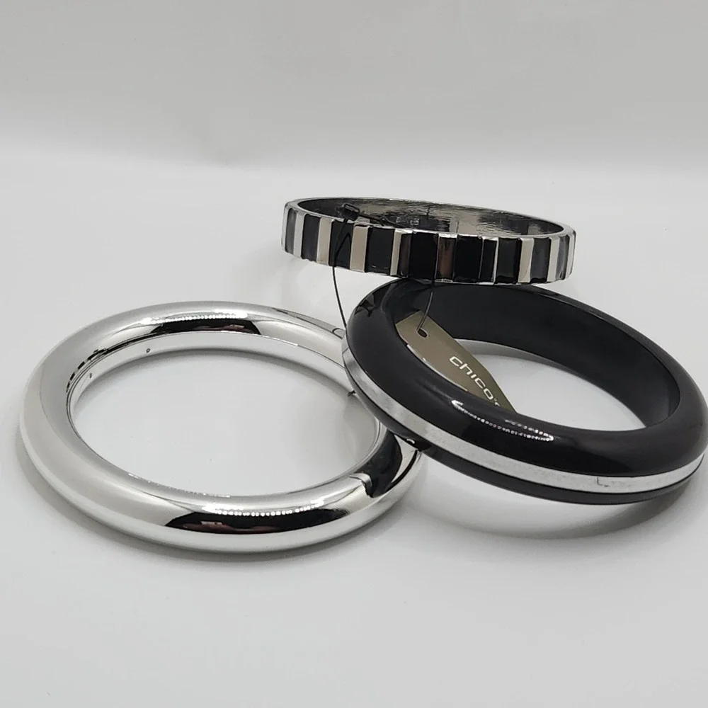 Bold Sculptural Bangle Bracelet Set 3‎ Piece Black Silver Tone Enamel Chicos MCM